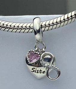 💖 Loving Sister Dangle Charm Love Heart Infinity Genuine 925 Sterling Silver 💖 - Picture 1 of 12