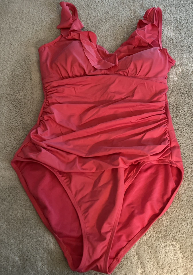 Ralph Lauren Womens Pink Beach Club Surplice V Neck Ruffle Swimsuit Underwire 12 - Image 1 of 4