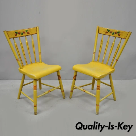 Pair of Antique Hitchcock Style Yellow Painted Plank Seat Wooden Side Chairs Cover