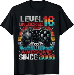 Level 16 Unlocked Shirt 16 Year Old 16th Birthday Gamer Boys Gift Unisex T-Shirt - Picture 1 of 3
