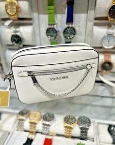 Michael Kors Jet Set Women Large Leather Zip Chain Crossbody Bag Optic White - Picture 1 of 13