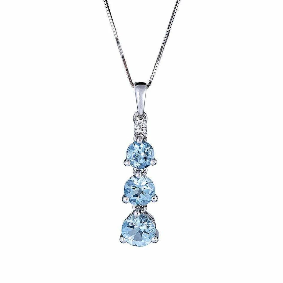 4.5mm Aquamarine & Diamond Past Present Future 3-Stone Pendant Necklace Silver - Image 1 of 1