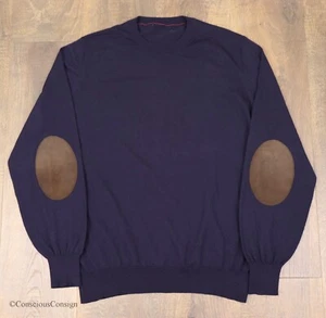 Brunello Cucinelli Blue Wool Cashmere Sweater Pullover Crewneck Elbow Pads 56 - Picture 1 of 11