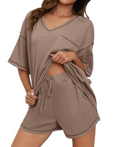Short Sets Women 2 Piece Waffle Knit Pajama Set Lounge Set Pjs Sleepwear Loun... - Picture 1 of 6