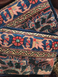 2 ANTIQUE HAND KNOTTED CAUCASIAN KAZAK TRIBAL RUG PILLOW 19"X15" BLUE - Picture 1 of 5