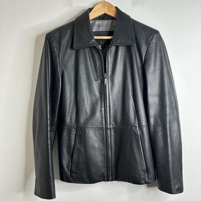GUESS Mens Black Genuine Leather Motorcycle Jacket Size L Full Zip Bomber Soft - Image 1 of 4