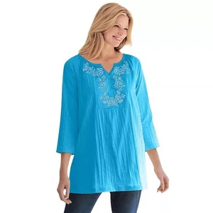 Woman Within Damen 3/4 Ärmel bestickt Crinkle Tunika-paradiesblau 18/20W - Bild 1 von 1