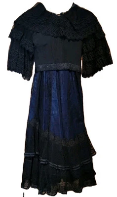 Antiguo Top Eduardiano 2 Piezas Negro Y Azul Plisado Con Falda Talla S Reparación Foto 1 de 4