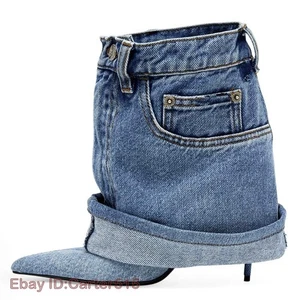 Botas Cortas Azul Denim Tacón Delgado Puños Diseño de Bolsillo Remache Punta Metal - Imagen 1 de 27