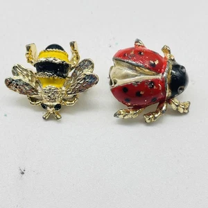 Vintage Bee Ladybug Brooch Pin Gold Tone Enamel Insect Lot of 2 - Picture 1 of 5