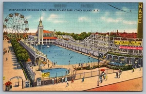 Coney Island New York Steeplechase Swimming Pool Park Postcard - Picture 1 of 2