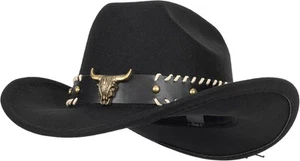Classic Black Western Felt Roll Up Brim 7-7 1/4, Black-longhorn Buckle Belt  - Picture 1 of 4