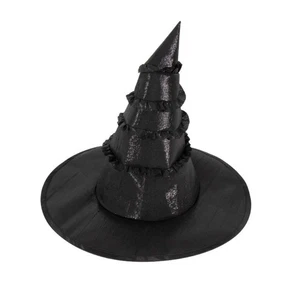 Cappello da strega nero Halloween cappello con orlo in pizzo plissettato unico cappello da strega scuro - Foto 1 di 12