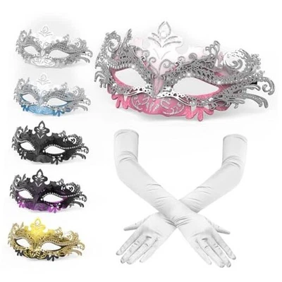 Masquerade Mask&Satin Opera Gloves Set for Women Venetian Mardi Gras Pink - Image 1 of 4