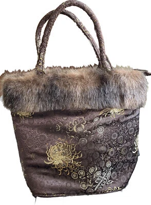 Murval Paris Brown & Gold Lotus Pattern Fur Trim  Top Handles Purse Handbag - Image 1 of 4