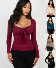 Women's Scoop Neck Tie Front Top Stretchy Fitted Shirt Long Sleeve Solid Colors