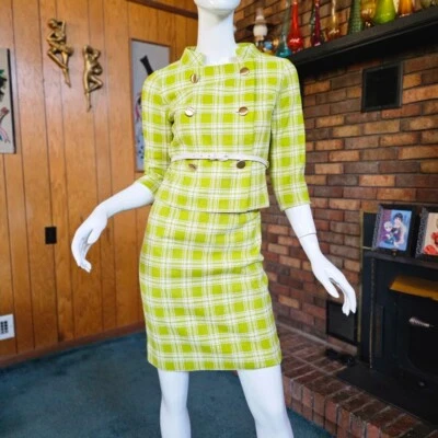 Vintage 60s Mod Youthquake Stewardess Lime Plaid Belted Mini Skirt Dress Suit XS - Image 1 of 4