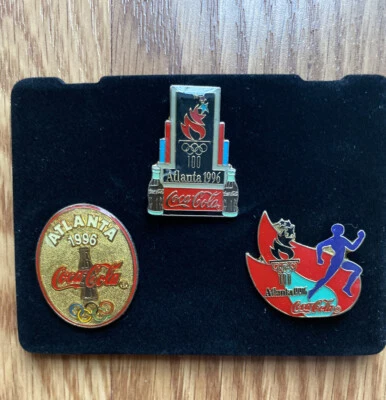 3 Pin Set Coke Coca Cola 1996 Atlanta Summer Olympics Hat Lapel Pins in Case - Image 1 of 4