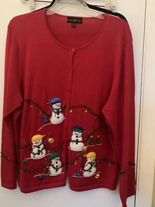 Maglione natalizio donna XXL bottoni davanti di cannella sidro. Pupazzi di neve applicati - Foto 1 di 7