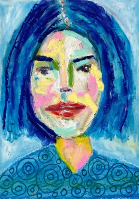 Woman Portrait Painting 5x7 Blue Impasto Oil Pastels Drawing Miz Katie - Image 1 of 4