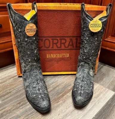 Corral A3672 Gray Glitter Flower Embroidery Crystal Rhinestone Cowboy Boots 7.5 - Image 1 of 4