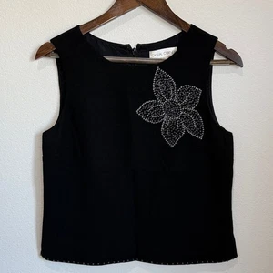Casual Corner Black Sleeveless Beaded Flower Lined Top Size 8 - Picture 1 of 6