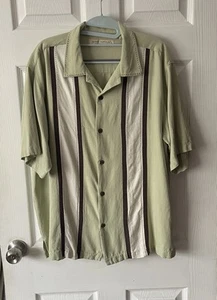 Island Republic 100% Silk Vertical Stripe Shirt L – Sage Green Retro Bowling - Picture 1 of 6