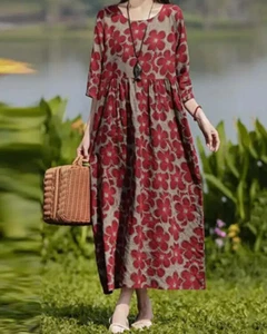 Elegante vestido largo bohemio con estampado floral, cuello redondo manga larga - Imagen 1 de 8