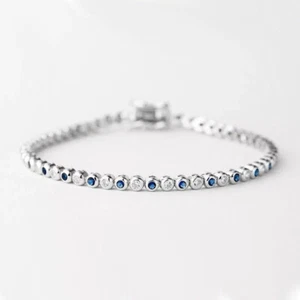 Blue Sapphire & Round Diamond Lab Created Tennis Bracelet 14K White Gold Plated - Picture 1 of 5