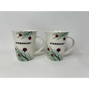 Starbucks Holiday Holly Berries Mug Set 10oz Ceramic Red & Green Leaf Design - Picture 1 of 6