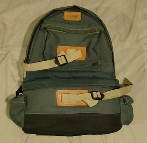Canon Camera Professional Backpack Canvas Green Leather Travel Padded Vintage - Picture 1 of 10
