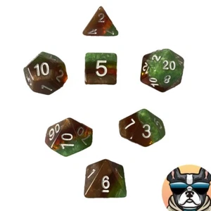 7 PC Polyhedral Dice Set DND RPG- Brown/Green/Red w/ White No.'s- w/ Pouch!! - Picture 1 of 5