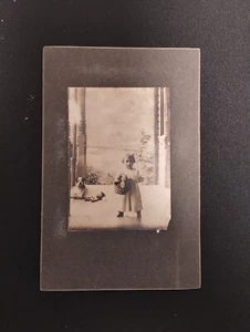 Antique Cabinet Card Photo Little Girl Toddler Pitbull Dog Staffordshire Terrier - Picture 1 of 4