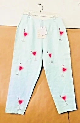 New CJ Laing Pants Light Green with Pink Martinis Linen Size 10 - Image 1 of 4