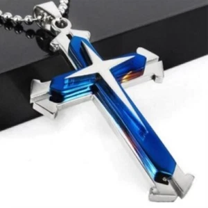 Double Cross Pendant Necklace Silver Stainless Steel - Blue & Silver - Picture 1 of 2