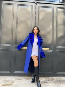 100% Alpaca Women's Winter Coat Rex Rabbit Fur Long Overcoat Soft Stylish Blue - Picture 1 of 4
