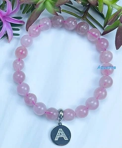 Rose Quartz 8mm Natural Crystal Stainless Steel Initial Bracelet CUSTOM SIZING - Picture 1 of 10