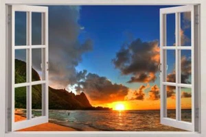 Ocean Beach At Sunset 3D Window View Decal WALL STICKER Decor Art Exotic FS - Picture 1 of 1