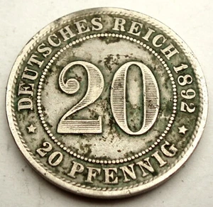 GERMAN EMPIRE 20 PFENNIG 1892 A KM#13 Scarce. FF5.3 - Picture 1 of 2