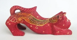 Red Fancy Hand Painted Wood Stretching Cat 7" Figurine Made in Indonesia - Picture 1 of 9