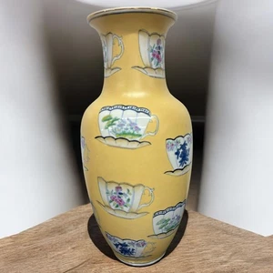 Vintage Chinoiserie Yellow Teacup Vase – Hand-Painted, 12.5", Oriental Accents - Picture 1 of 7