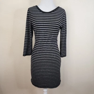Express Women's Gray Knit Striped Sequin Sheath Sweater Dress 3/4 Sleeve Medium - Image 1 of 4
