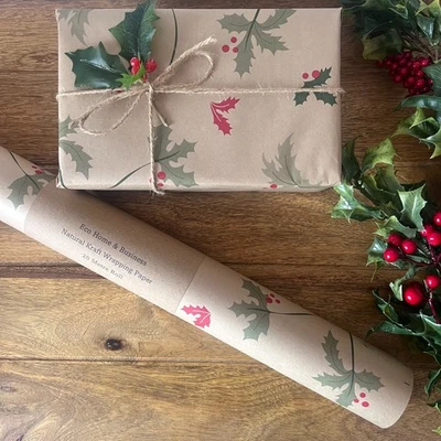 Christmas Wrapping Paper Winter Holly Kraft Gift Wrap Eco Natural Sheet Roll - Image 1 of 2