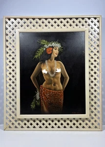 JOHN LADDER HAWIIAN TIKI BAR ART HAWAII HULA GIRL PORTRAIT VINTAGE OIL PAINTING - Picture 1 of 24