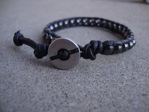 Men's Black Leather Beaded Bracelet Hematite Surfer Bracelet handmade USA - Picture 1 of 4