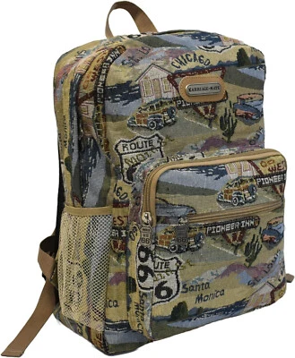 USA Backpack Route 66 Travel Canvas Adjustable Heavy Duty Roadtrip Tapestry New - Image 1 of 4