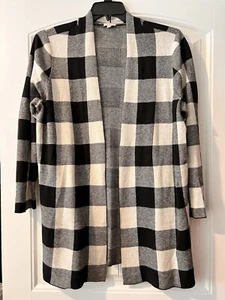 Talbots Womens Sweater Size 1X Open Cardigan Buffalo Plaid Black & Cream - Picture 1 of 8