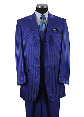 New Men's 3 Pc Shiny Fashion Suit Shadow Stripe With Vest Double Vents 2915 - Image 1 of 2