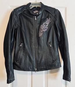 HARLEY-DAVIDSON Women's Purple Steel Heart Black Leather Biker Jacket Small - Picture 1 of 18