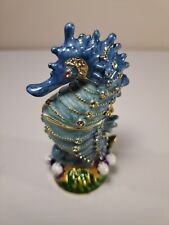 Seahorse Jeweled Enameled Trinket Box Blue Magnetic Hinged 